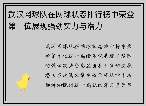 武汉网球队在网球状态排行榜中荣登第十位展现强劲实力与潜力
